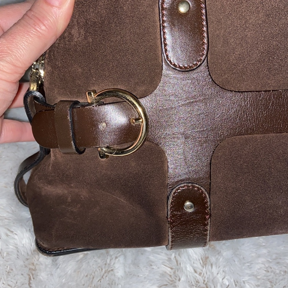 Salvatore Ferragamo Vintage Dark Brown Suede and Leather Shoulder Bag EUC - Picture 3 of 13